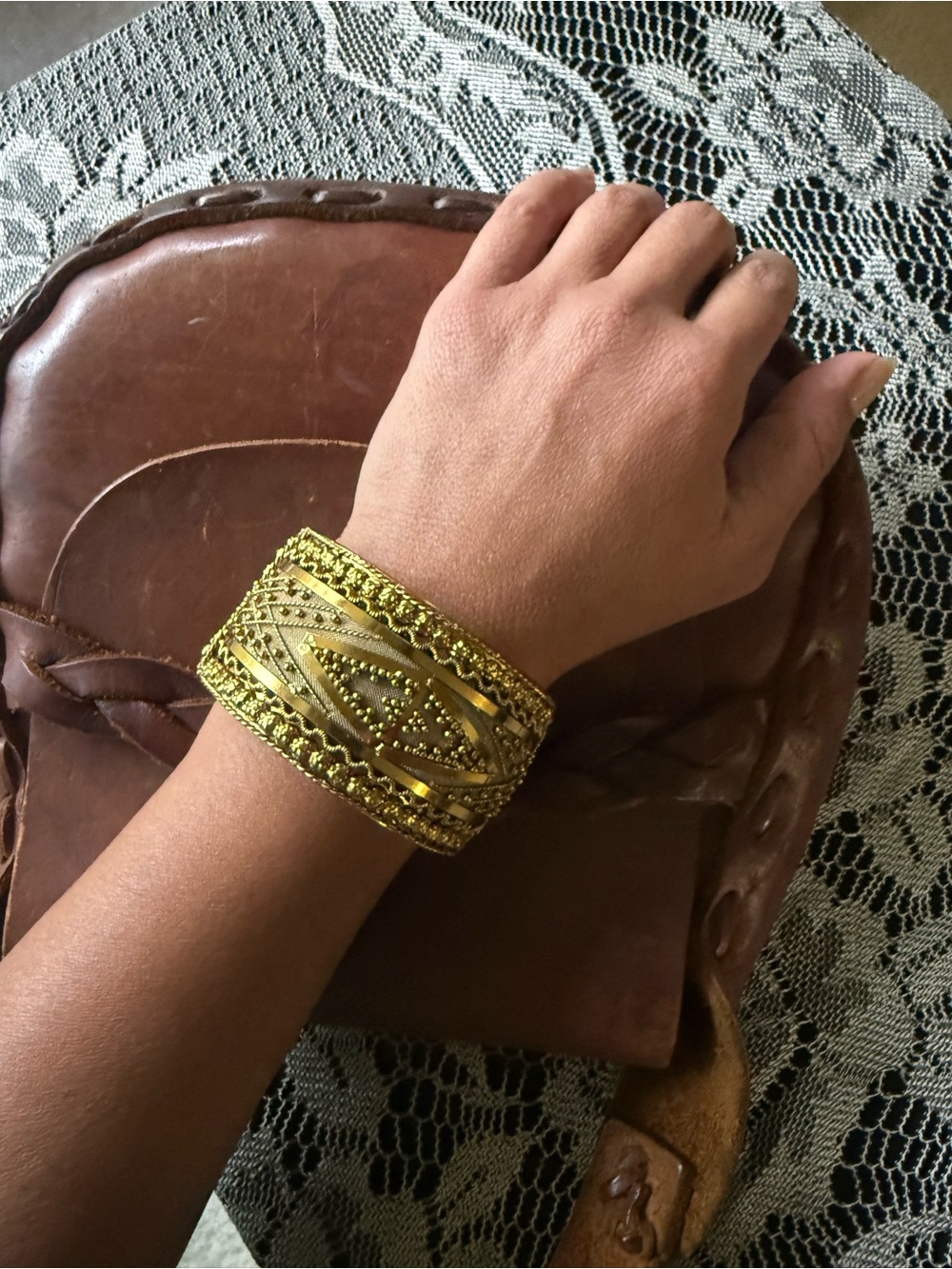 Vintage Gold Tone Wide Filigree Cuff Bracelet 70s